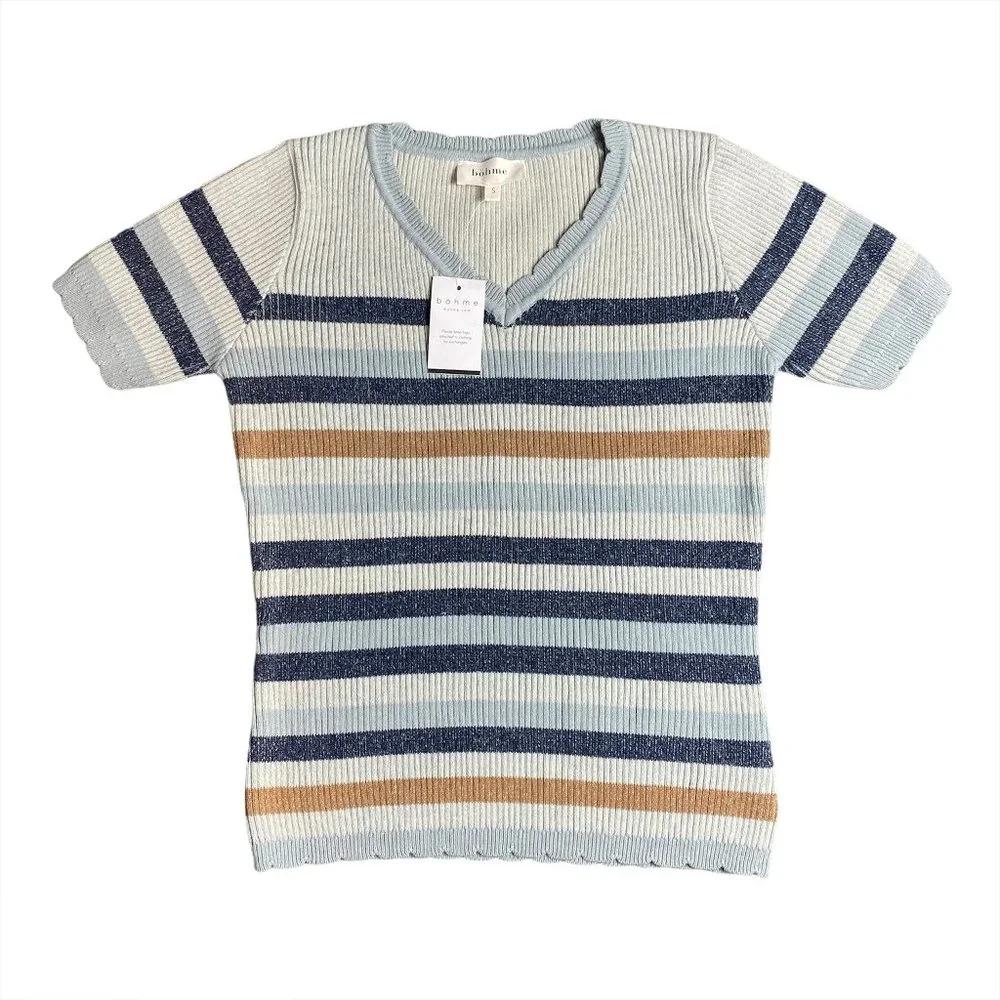 NWT Bohme Blue Brown Stripe V-neck Sweater - Picture 1 of 6